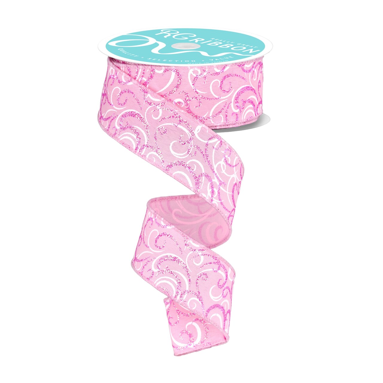 RG Ribbon: 1.5" - 2.5" Pink Glitter Swirl Wired Ribbon for Bows, Wreaths, and Crafts